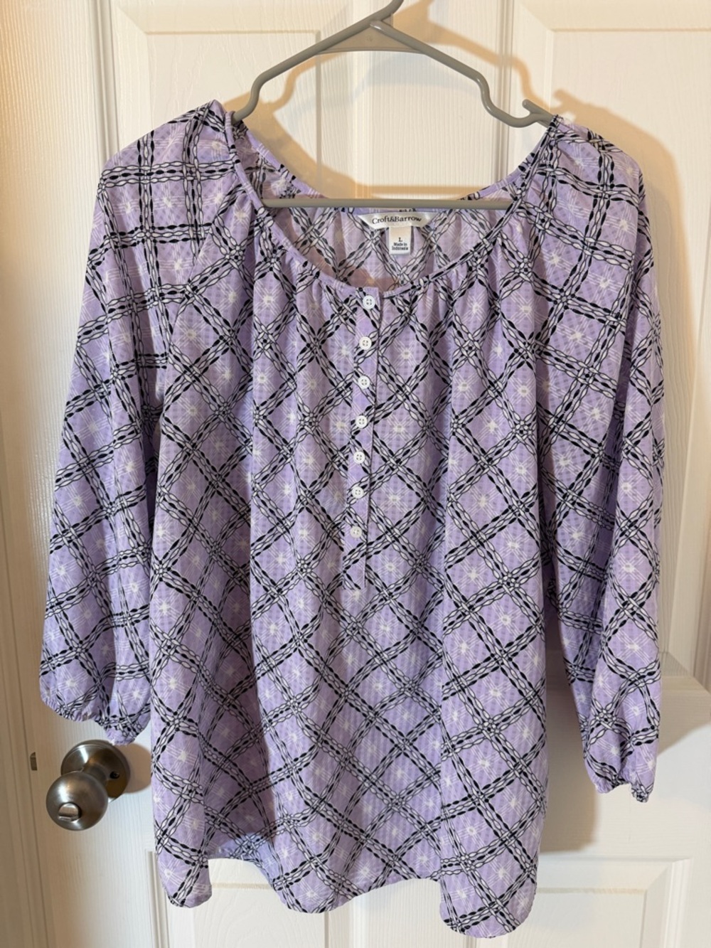 croft & barrow Lavender Black Patterned Henley Blouse